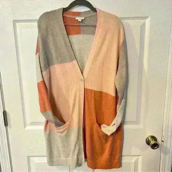 J Jill Pure Jill Patchwork Long Cardigan Sweater in Cream and Peach Size Medium - Picture 1 of 6